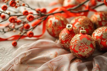 a close-up of red and gold new year decorations, such as ribbons and small ornaments, on a plain sur