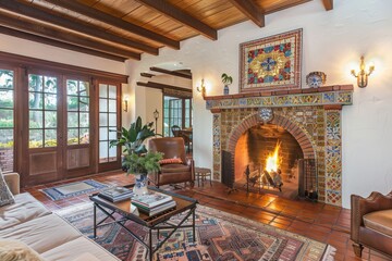 Wall Mural - Cozy Living Room with Fireplace and Patio Doors