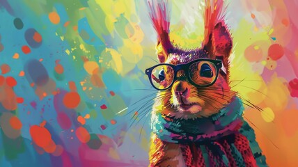  Colorful Abstract Squirrel with Glasses and Scarf in Vibrant Artistic Painting