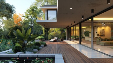 Modern Home With Wooden Deck and Pond