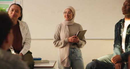 Poster - Conversation, class and professor with students at university for education, learning or knowledge. Talking, scholarship and muslim female lecturer in hijab with group of people in college for lesson