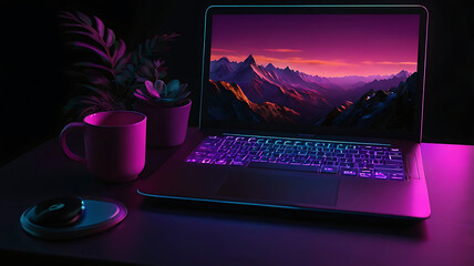 Laptop Front 3D Illustration. Dark Background, Black Desk Laptop Computer with color pink purple Light display.