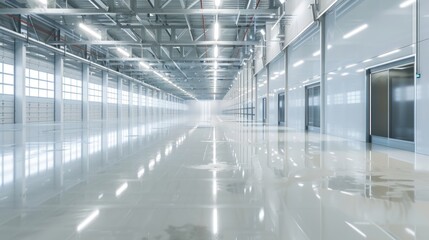 A modern, clean warehouse with bright, clear lighting and polished, empty floors. The organized and spacious environment is optimized for smart storage.