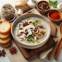 Wall Mural - Mushroom soup and dry bread on white background, raw available