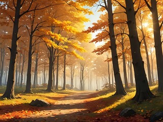 A serene autumn scene with colorful leaves falling from trees in a tranquil forest, golden sunlight filtering through the branches, anime style 