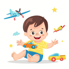 Cute and fun illustration of a baby with a toy airplane style flat vector design isolated white background .