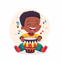 Cute and fun illustration of a baby with a toy djembe style flat vector design isolated white background .