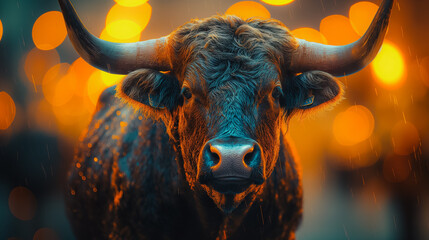 Wall Mural - A bull with a large horn is standing in front of a blurry background. The image has a moody and dramatic feel, with the bull's imposing presence and the blurred background creating a sense of tension