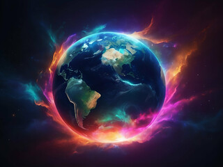 Wall Mural - abstract colorful glowing Bright Earth on black background