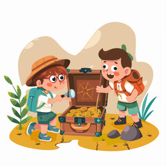 Cute and fun illustration of kids doing a treasure hunt style flat vector design isolated white background .