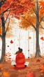 © Ruby Siam - A woman in red sits in a forest filled with vibrant autumn leaves, enjoying the peaceful scenery.