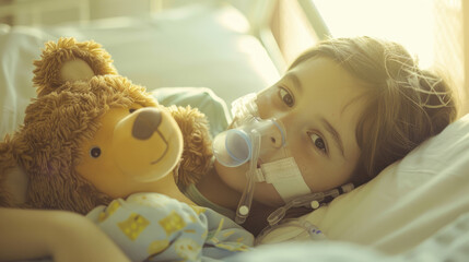 Sticker - A young girl in the hospital, lying on her back with an oxygen mask and holding a stuffed animal close to her face, eyes closed and looking peaceful as she is seen from behind.