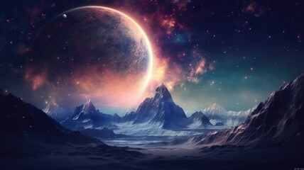 Wall Mural - The fantasy picture of high mountain landscape with giant stars and space nebula lighting in the night skyline representative exploration and discovery about planet or interstellar traveling. AIG35