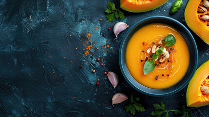 Sticker - Spicy pumpkin soup with garlic and pepper top view with copy space