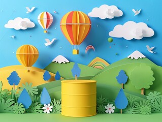 Wall Mural - a vibrant paper cut illustration of a summer season scene featuring a lush green nature landscape wi