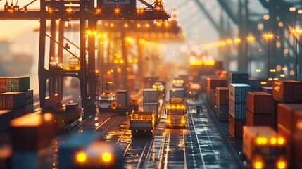 Twilight Operations: Industrial Port Activity with Towering Cranes, Stacked Containers, and Moving Trucks Under a Dusk Sky