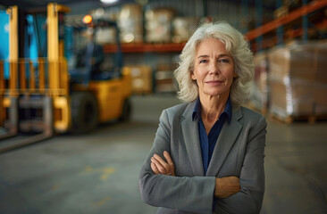 Wall Mural - A senior woman in business attire stands confidently with her arms crossed, smiling at the camera as she appears to be on a warehouse floor surrounded by shelves of boxes and forklifts