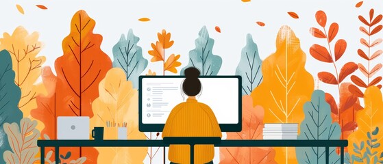 Person working on a computer in a colorful autumnal setting.