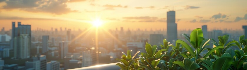 Sunrise view over a city from a balcony with lush green plants, blending nature with urban living.
