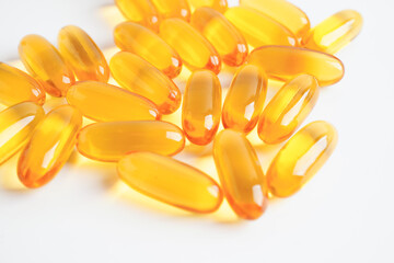 Poster - Fish oil or Cod liver oil gel in capsules with omega 3 vitamins, supplementary healthy food