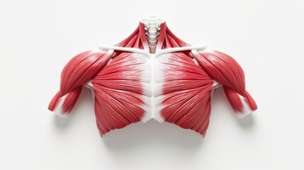 Detailed anatomical model of human chest muscles showing intricate muscle fibers on a white background.