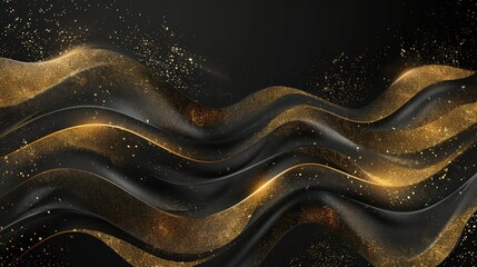 Wall Mural - Black background with sparkling luxury gold waves, premium poster design