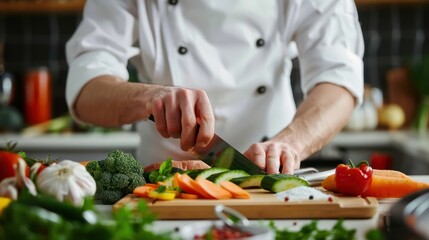 A chef slicing organic vegetables in a kitchen, emphasizing healthy cooking.