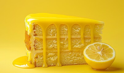 Poster - A slice of lemon cake with a drizzle of lemon glaze on top