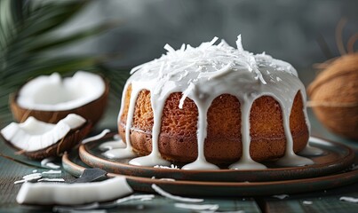 Poster - A white cake with coconut flakes on top sits on a plate