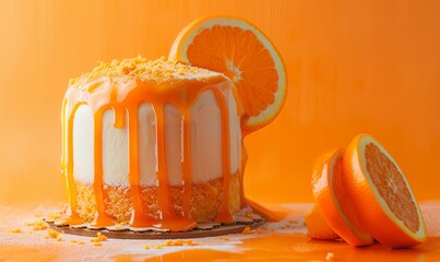 Sticker - A cake with a drizzle of orange glaze and a slice of orange on top