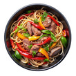 © MS Store - Noodles with meat and vegetables on black bowl top view isolated on transparent