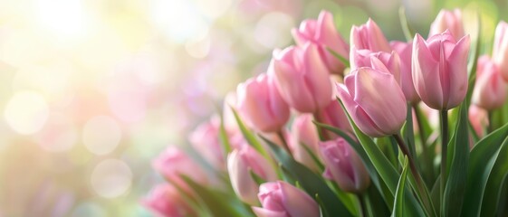 Wall Mural - Beautiful Pink Tulips in Bloom with Soft Sunlight and Bokeh Background