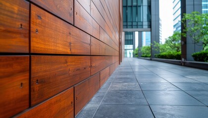 Wall Mural - Close-up of Brown Wood Paneling on Modern Building Exterior with Detail-Focused Texture and Artistic Grain Patterns