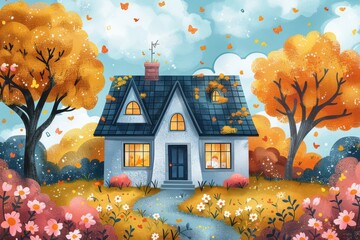 anime line art illustration of cottage house, flat anime illustration, floral tree, vibrant, bright, vibrant, shiny style