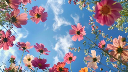 Sticker - Cosmos flowers, viewed from below against the sky, present a striking scene where their vibrant petals contrast beautifully with the blue expanse above.