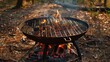 © Yusif - A kettle grill pit with a cast iron grid features a round table-cooking surface heated by firewood, creating a barbecue hot grill setup perfect for backyard cookouts.
