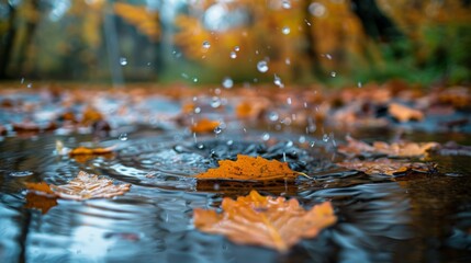 Autumn leaf floating in a puddle of water with raindrops.