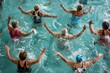 © Elmira - A group of active seniors participate in a lively water aerobics class, performing synchronized movements in an indoor swimming pool