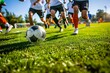 © Elmira - A group of diverse soccer players dribble and pass the ball on a sunny day, the ball resting on the green grass in the foreground