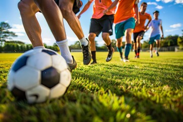 Wall Mural - A close-up of a soccer ball being dribbled by a player, with other players in the background passing the ball and running on a grassy field