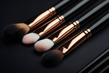 Wall Mural - close up of four makeup brushes, one of which is a powder brush. Concept of organization and attention to detail