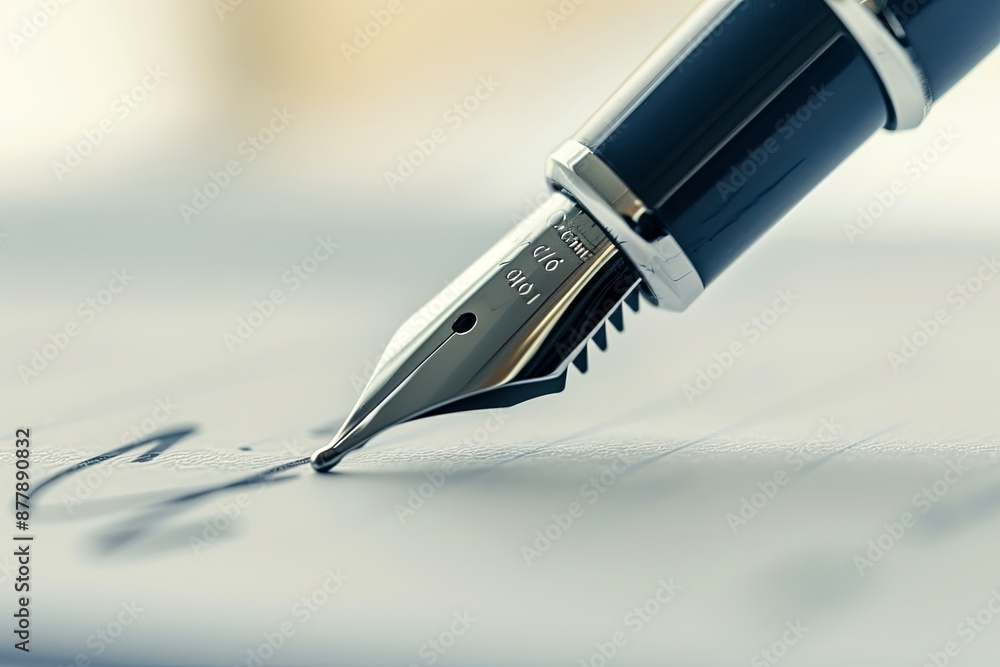 Large Pen Writing Elegant Pen Writing on White Paper, Close-Up View with Ink Flowing and ...