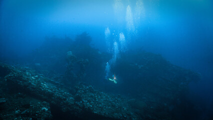 Wall Mural - Underwater photography of the spooky USS Liberty shipwreck from the second world war WWII. From a scuba dive off the coast of Bali.