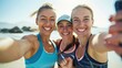 © NiK0StudeO - Three women smiling and posing for a picture on a beach