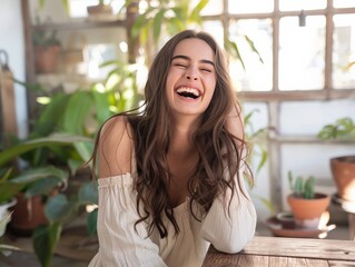 Canvas Print - A woman with long brown hair is sitting at a table with a smile on her face