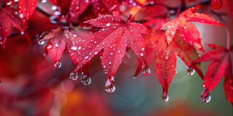 Wall Mural - Japanese Fall Foliage: Dewy Red Maple Leaves After a Rainy Morning