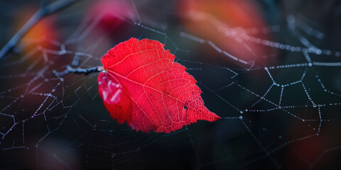 Wall Mural - Close-up Shot: Crimson Leaf Entangled in Spider's Web, Autumn Japan