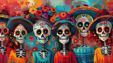 Wall Mural - composition of simplified figures wearing traditional Day of the Dead masks, using vibrant colors to capture the festive spirit