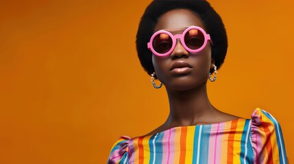 Canvas Print - A woman wearing a pink and purple striped dress and sunglasses