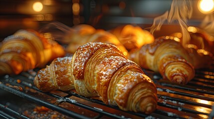 Canvas Print - A rack of croissants are baking in an oven